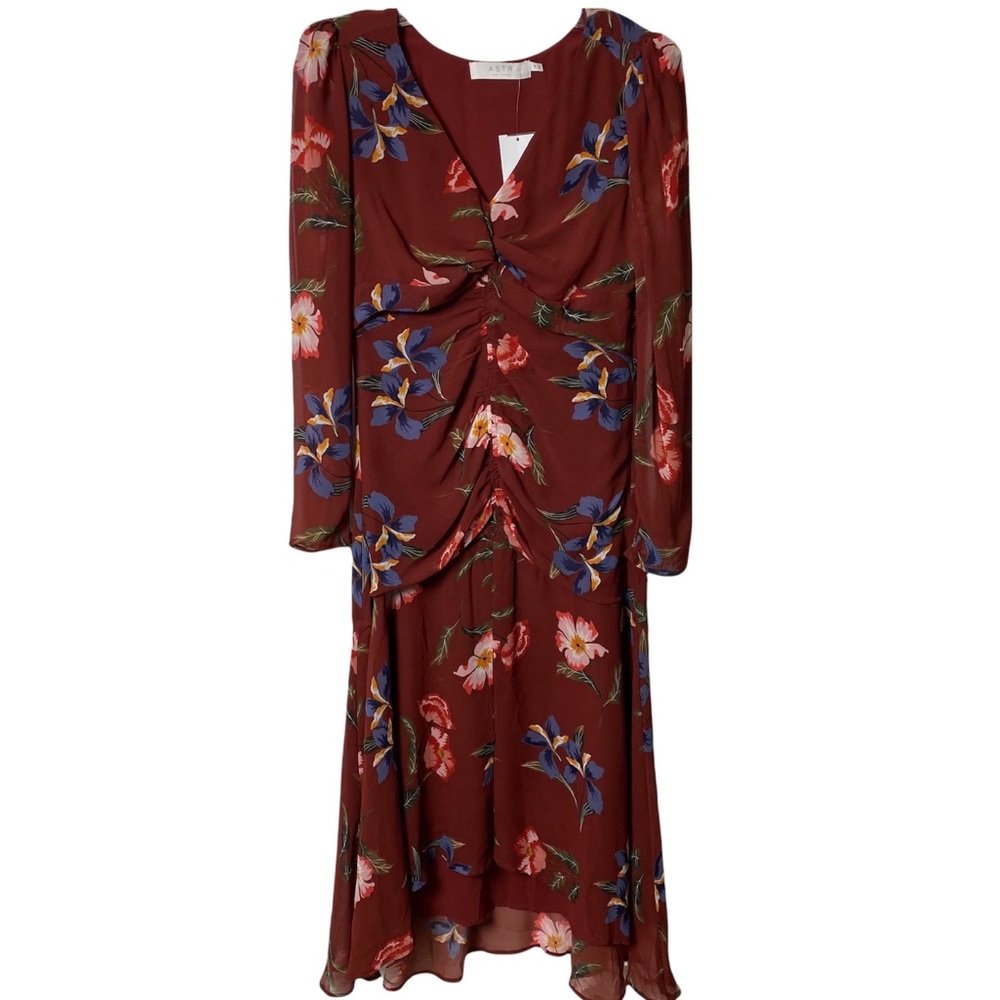 ASTR The Label Hi-Lo Ruched Front Midi Dress Floral Print NWT Size Medium NEW